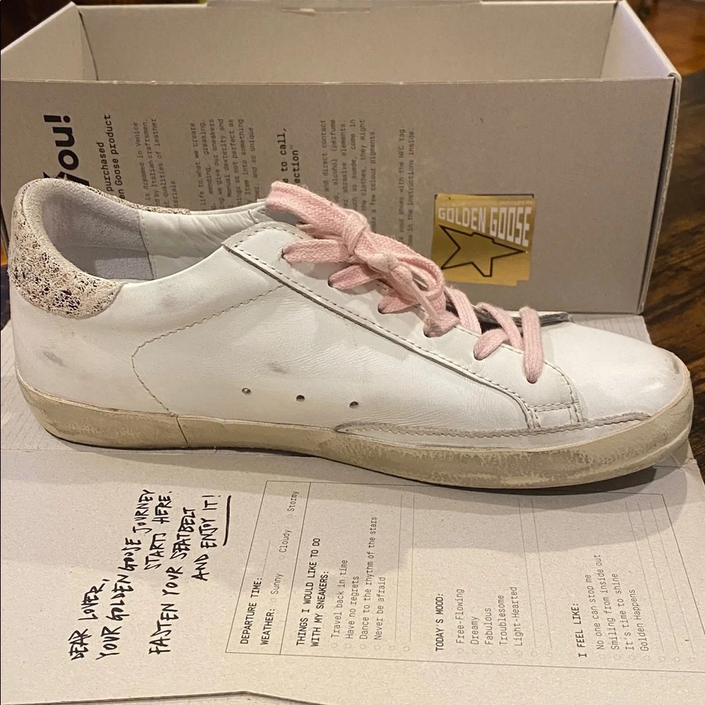Authentic Golden Goose White Sneakers with Pink Laces and Glitter Star - Picture 9 of 10
